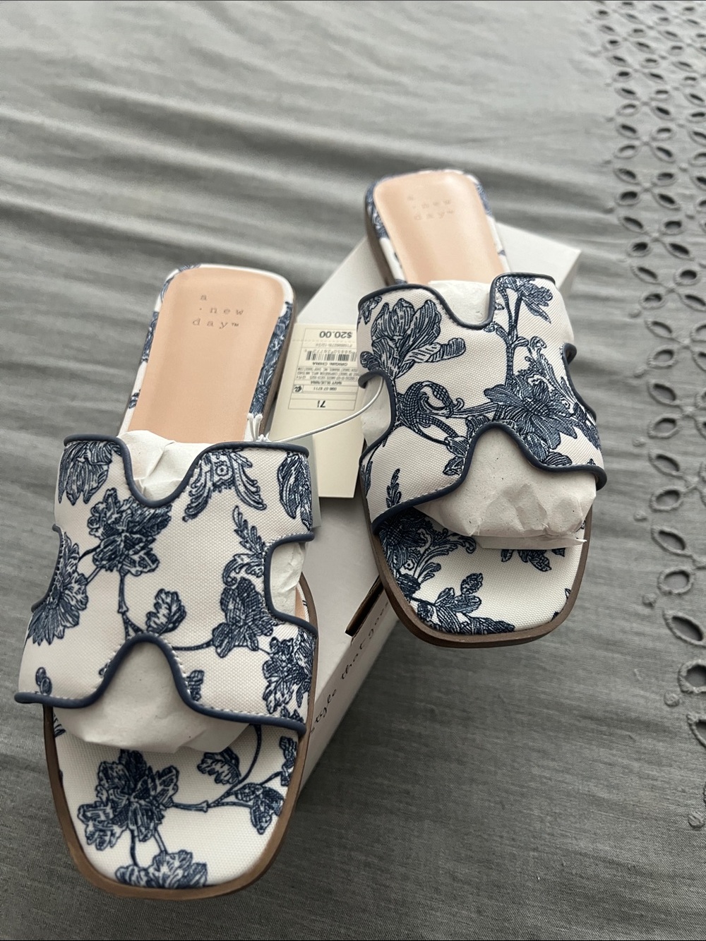 a new day White & Navy Floral Ruffle Slide Mules